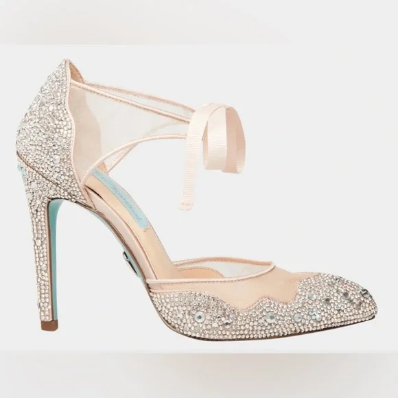 Betsey Johnson Iris Champagne Rhinestone Ankle Strap Stiletto Heels Pumps New - Picture 5 of 14